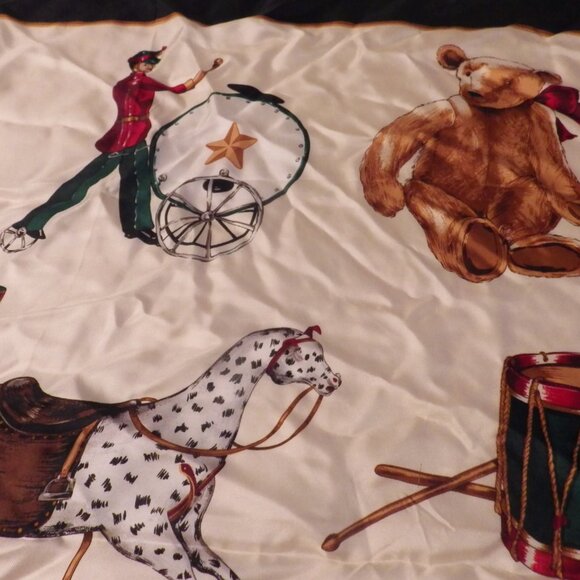 Vintage Silk Christmas Scarf/ ECHO/ Toys/ Toy Soldiers/ Train/ Doll - Picture 3 of 8